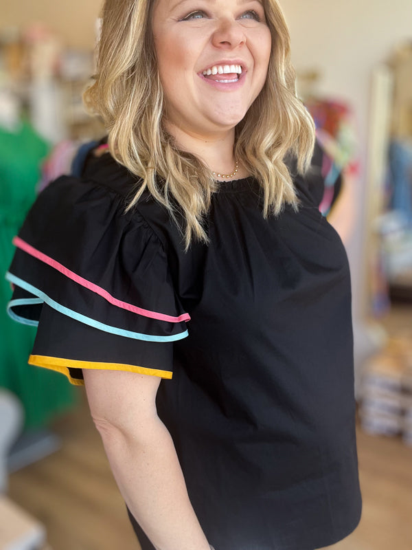 RESTOCKED! "Frilly Fiesta" Plus-Size Black Ruffle Top