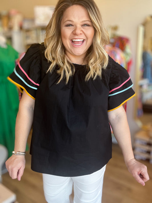 RESTOCKED! "Frilly Fiesta" Plus-Size Black Ruffle Top