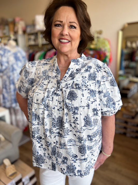 "Southern Belle" Plus-Size Toile Button Down Top