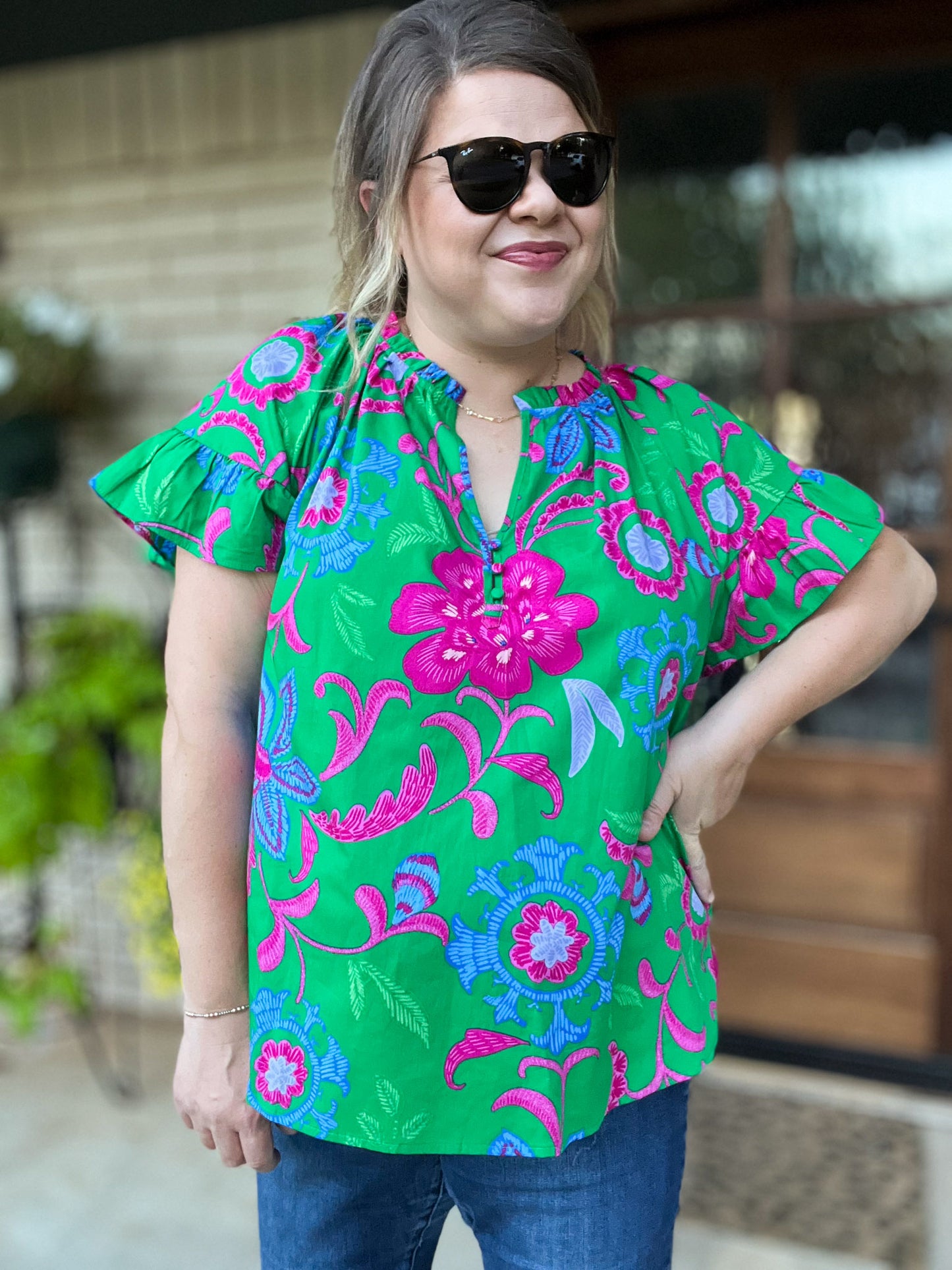 Bloom & Grow Plus-Size Green Floral Ruffle Top