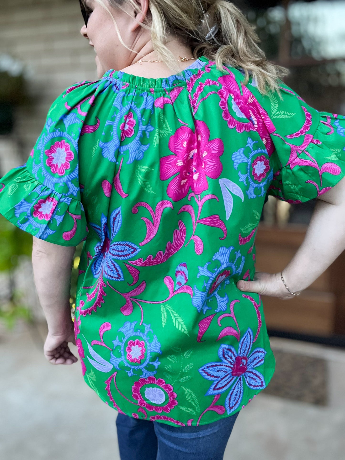 Bloom & Grow Plus-Size Green Floral Ruffle Top