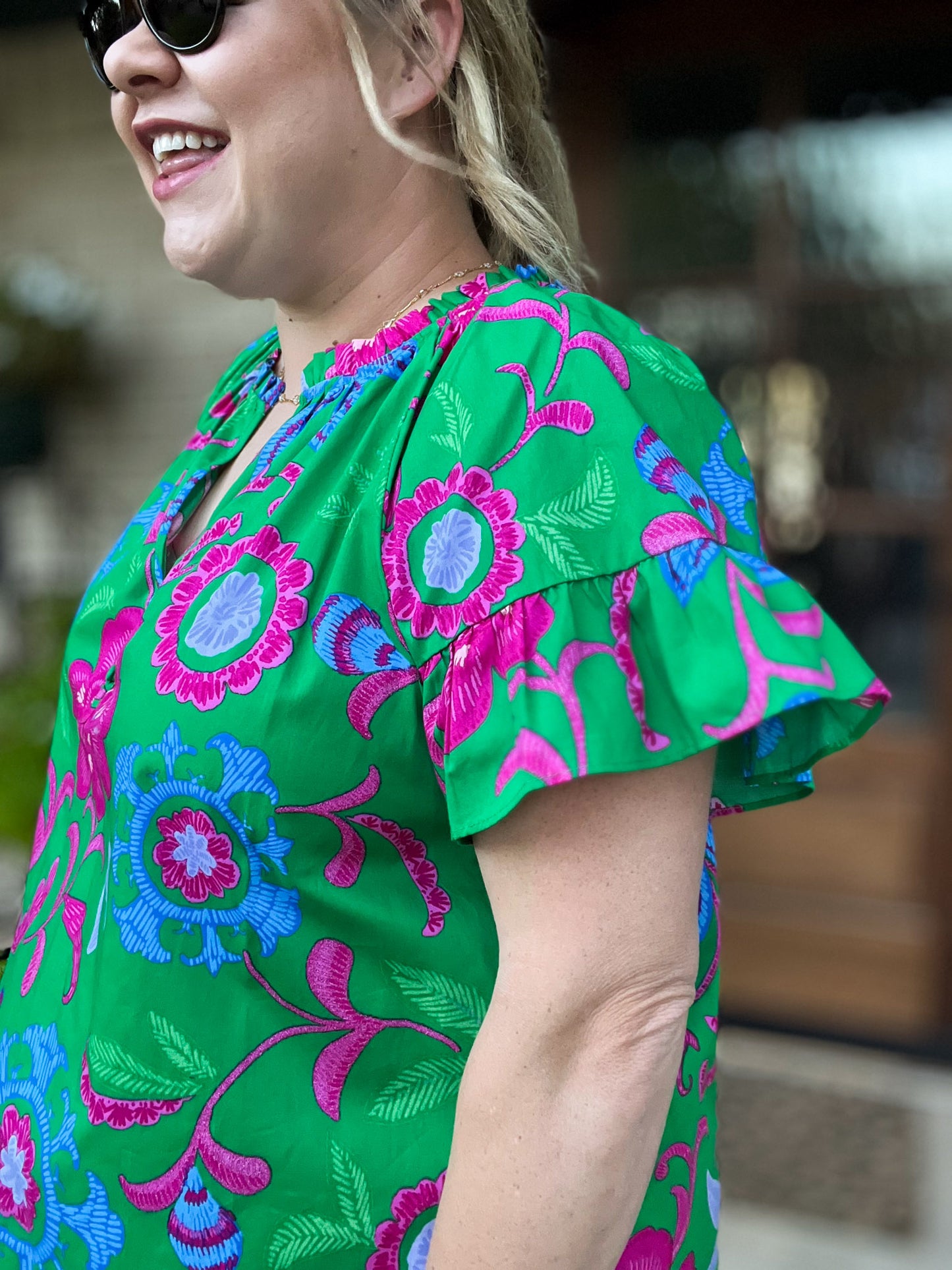 Bloom & Grow Plus-Size Green Floral Ruffle Top