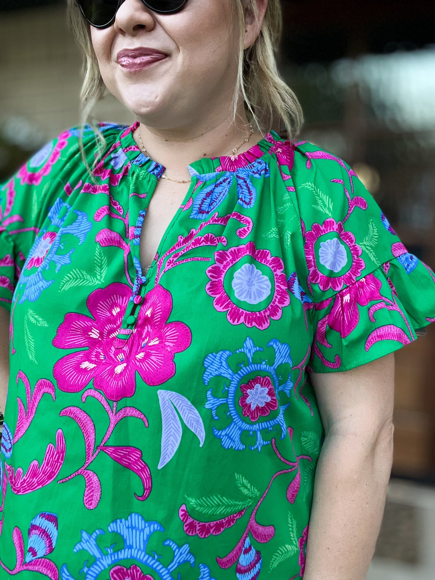 Bloom & Grow Plus-Size Green Floral Ruffle Top