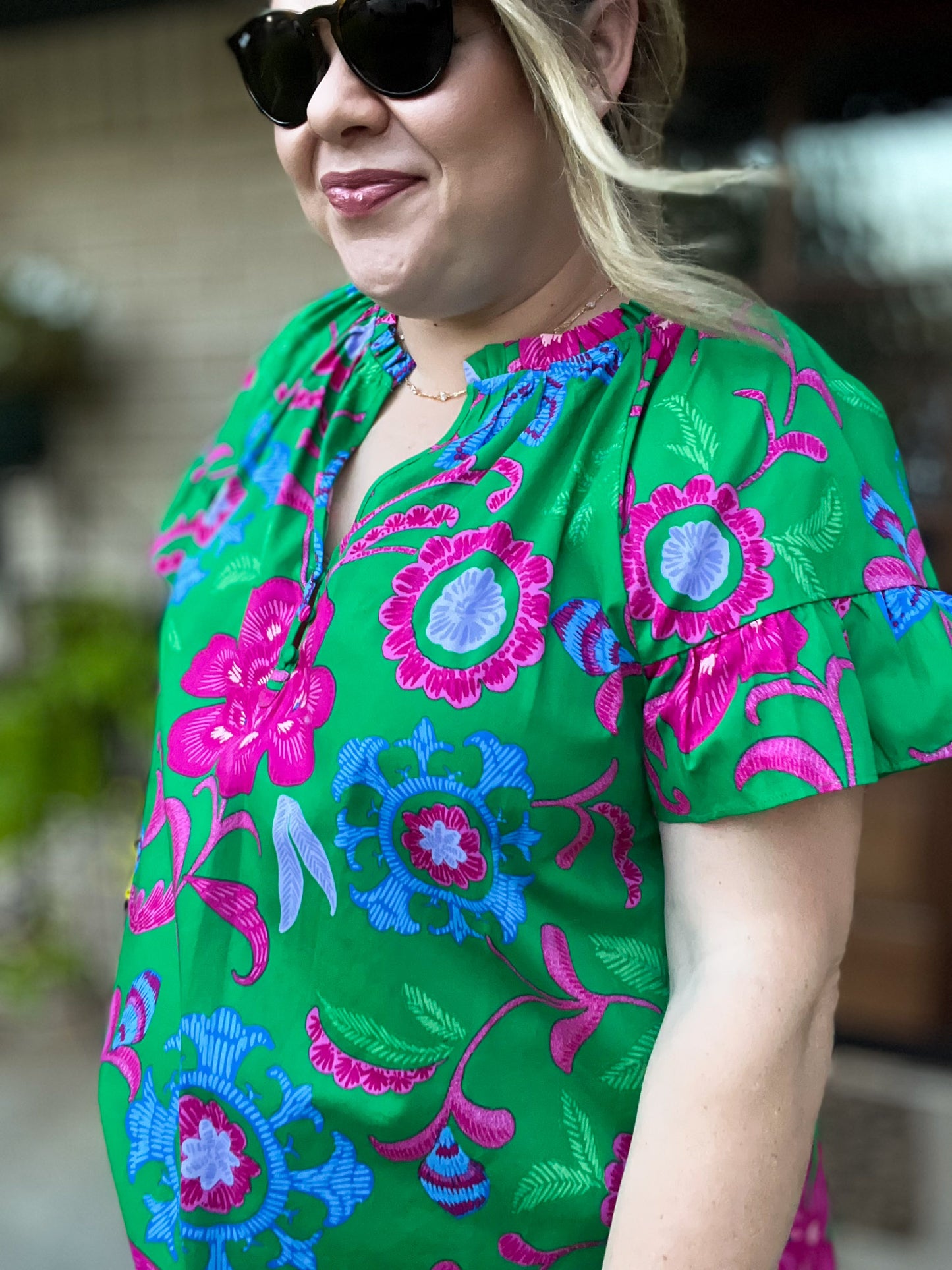 Bloom & Grow Plus-Size Green Floral Ruffle Top