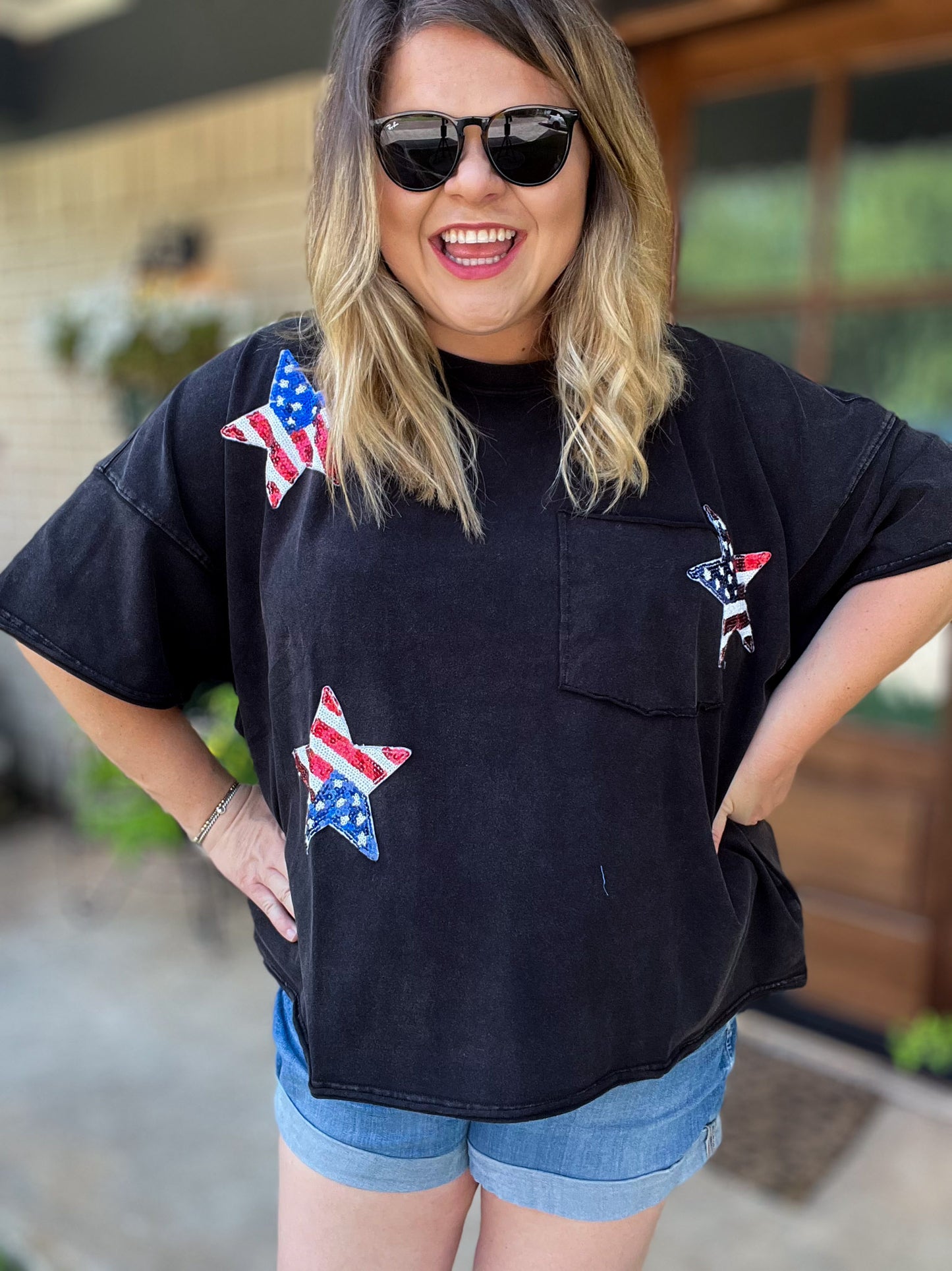 Boom, Pop, Sparkle Plus-Size Black Sequin Star Top - FINAL SALE