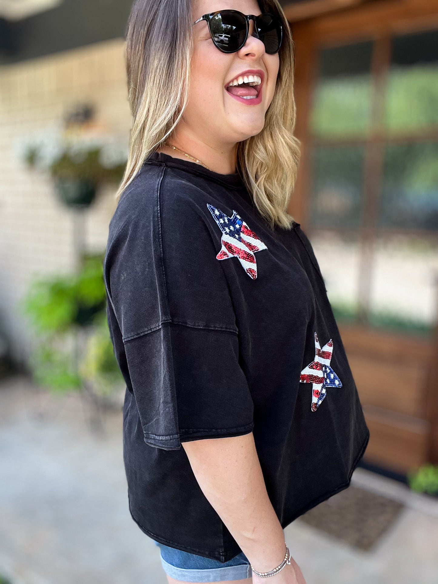 Boom, Pop, Sparkle Plus-Size Black Sequin Star Top - FINAL SALE