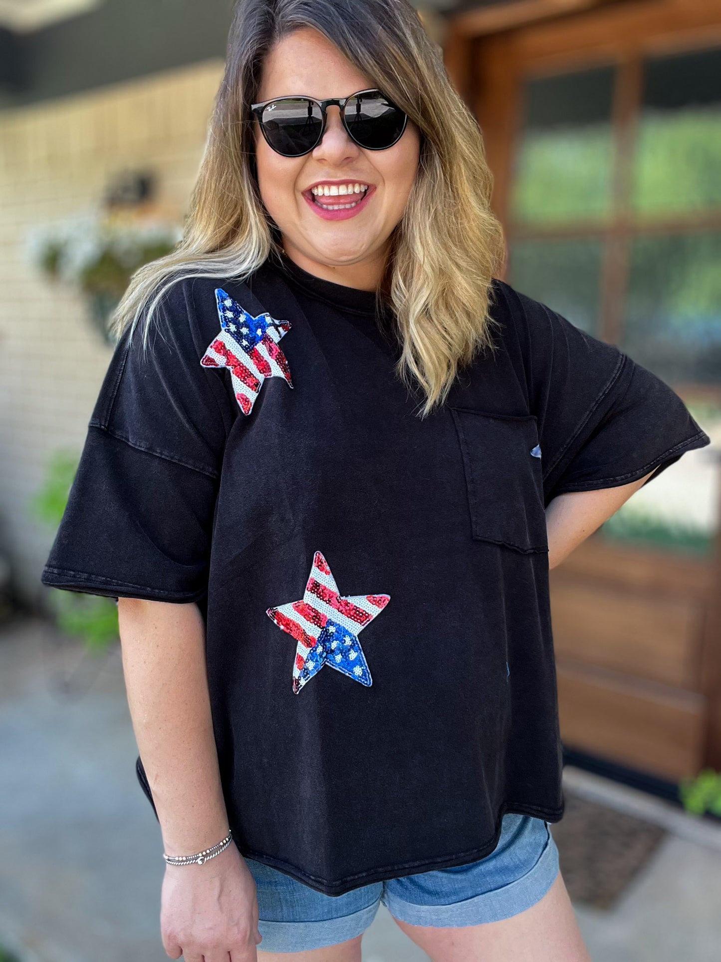 Boom, Pop, Sparkle Plus-Size Black Sequin Star Top - FINAL SALE