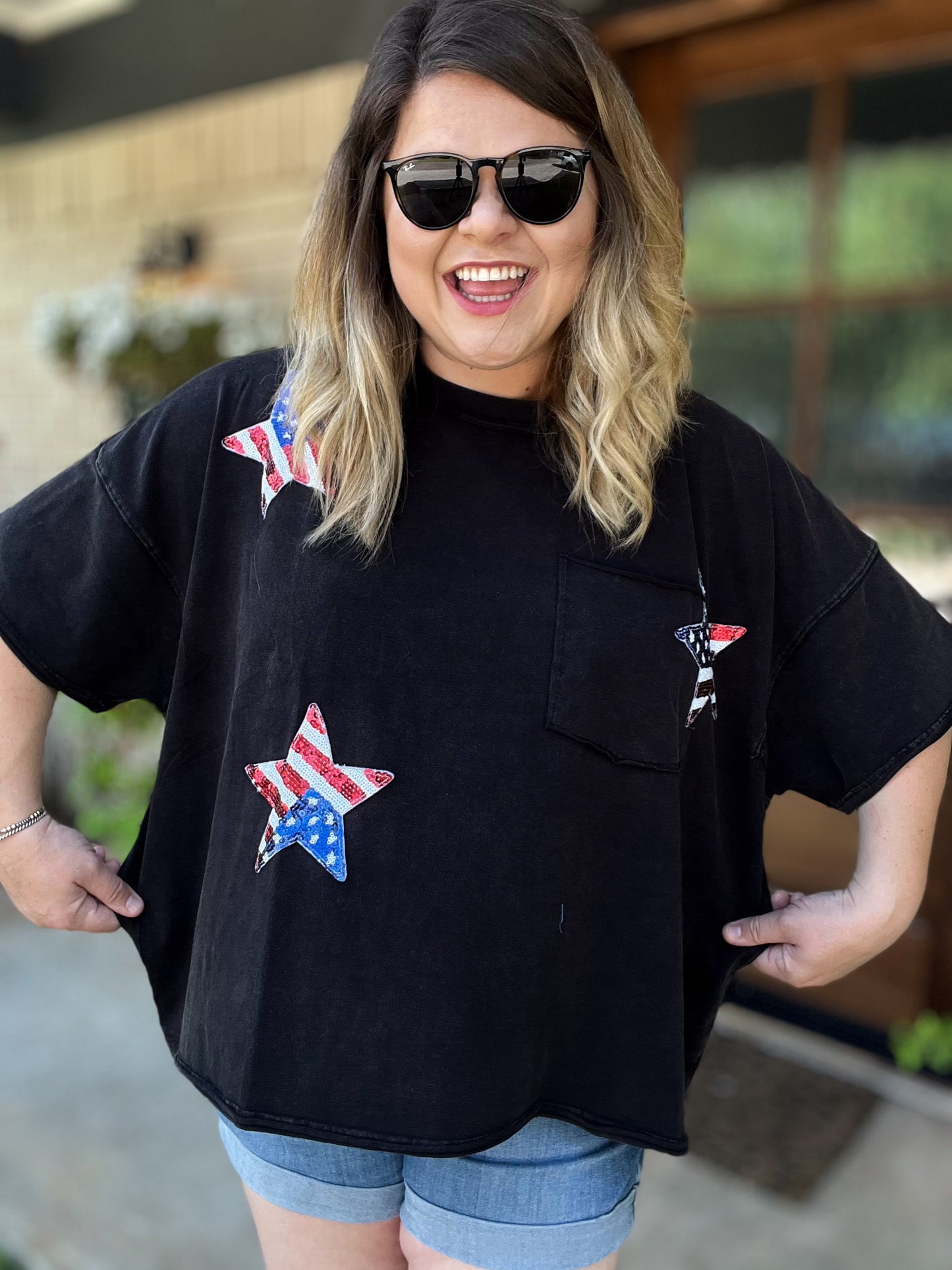 Boom, Pop, Sparkle Plus-Size Black Sequin Star Top - FINAL SALE