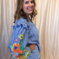 Feeling Festive Curvy Blue Stripe Embroidered 3/4 Sleeve Top