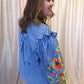 Feeling Festive Curvy Blue Stripe Embroidered 3/4 Sleeve Top