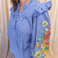 Feeling Festive Curvy Blue Stripe Embroidered 3/4 Sleeve Top