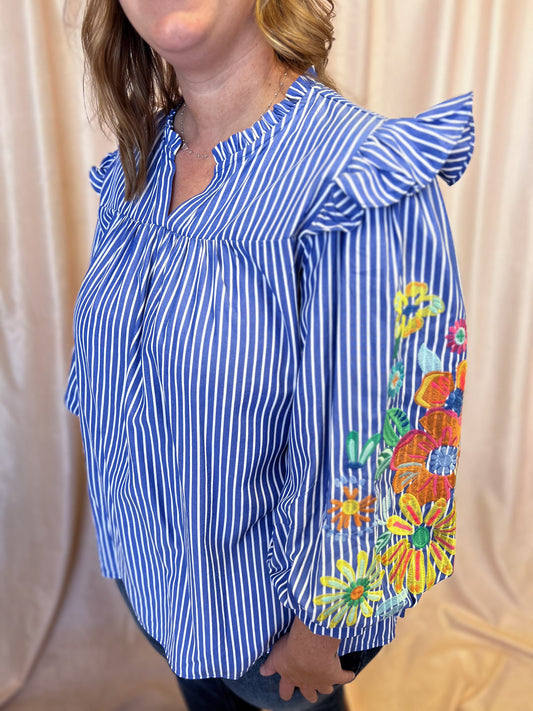 Feeling Festive Curvy Blue Stripe Embroidered 3/4 Sleeve Top