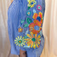 Feeling Festive Curvy Blue Stripe Embroidered 3/4 Sleeve Top