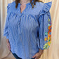 Feeling Festive Curvy Blue Stripe Embroidered 3/4 Sleeve Top