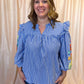 Feeling Festive Curvy Blue Stripe Embroidered 3/4 Sleeve Top