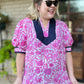 Glow Your Own Way Curvy Pink Floral Top with Navy Trim