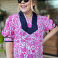 Glow Your Own Way Curvy Pink Floral Top with Navy Trim
