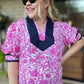Glow Your Own Way Curvy Pink Floral Top with Navy Trim