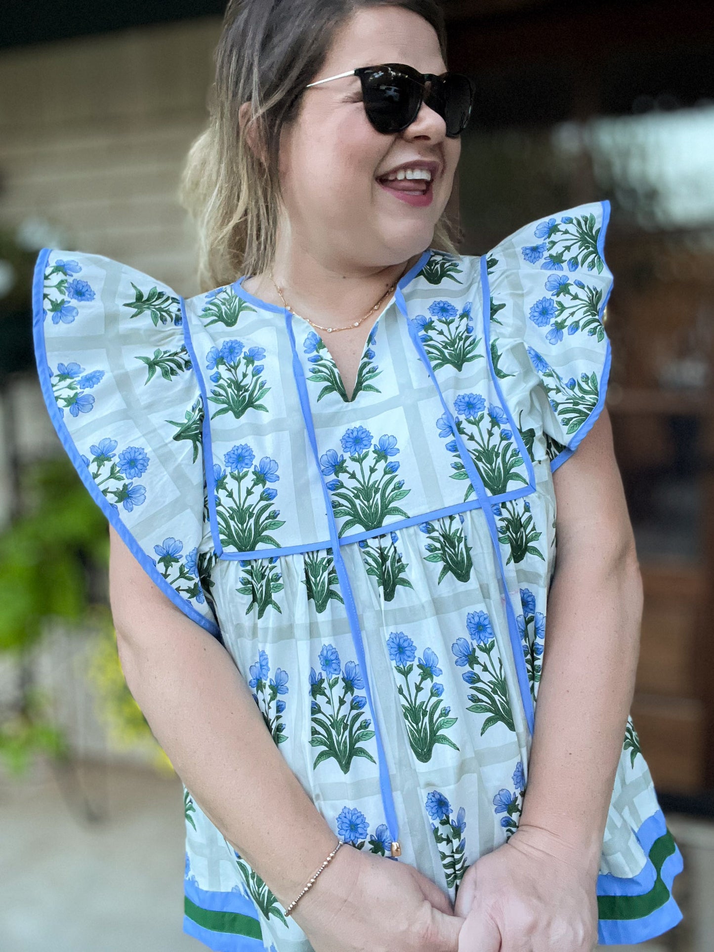 Long Hot Summer Day Curvy Floral Flutter Sleeve Top