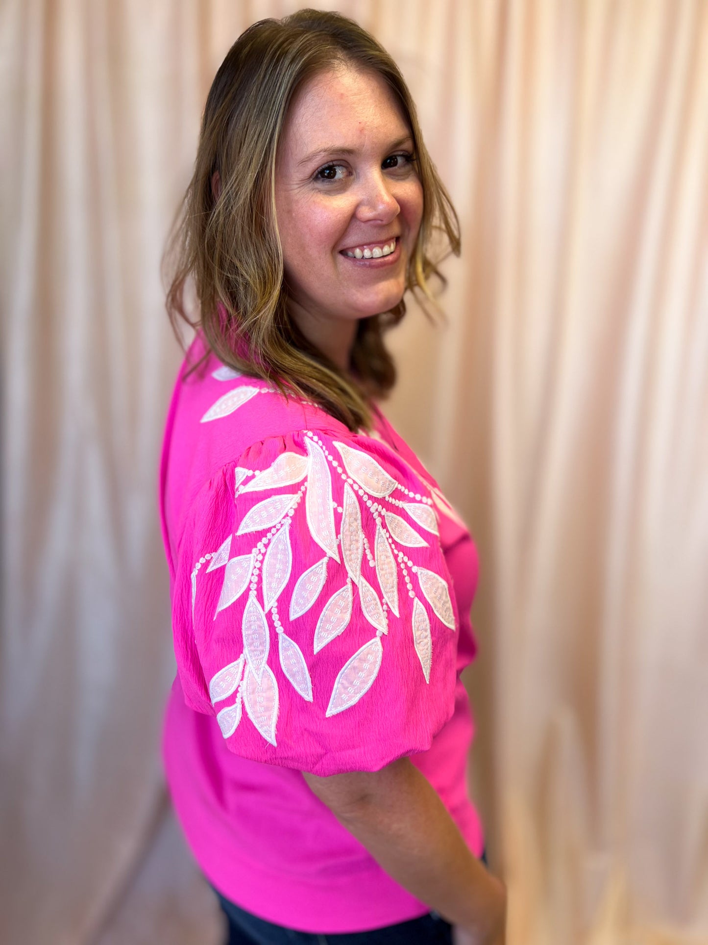 Neon & Nonsense Curvy Bright Pink Embroidered Top