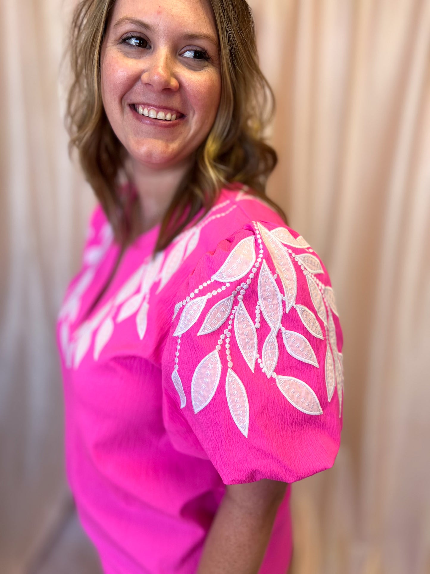 Neon & Nonsense Curvy Bright Pink Embroidered Top