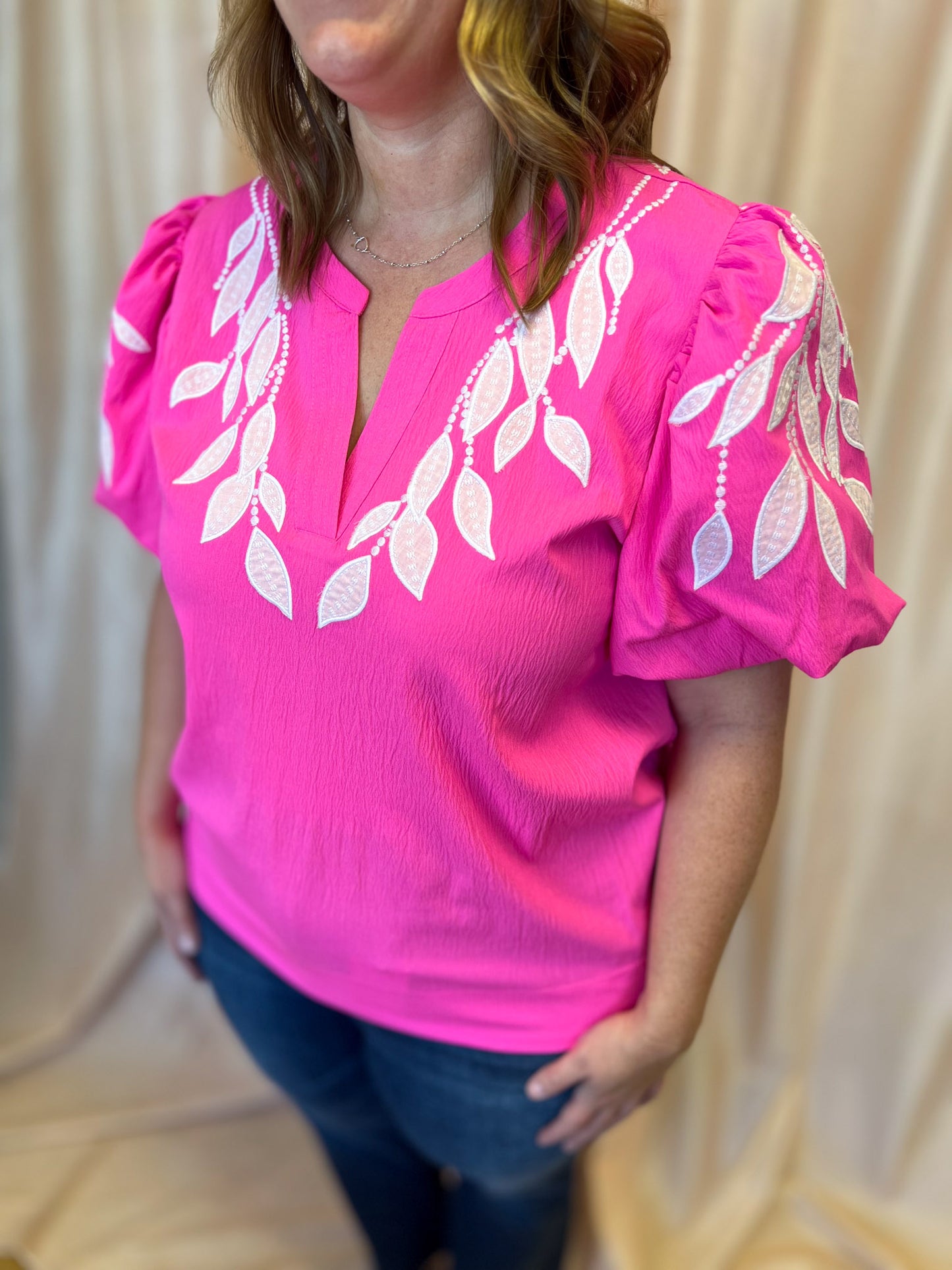 Neon & Nonsense Curvy Bright Pink Embroidered Top