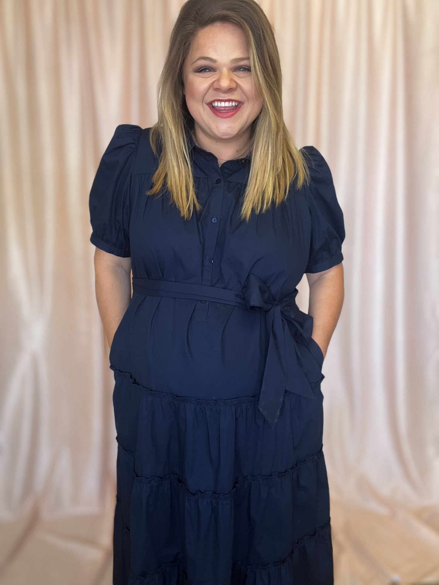 The Maine Event Plus-Size Navy Tiered Midi Dress