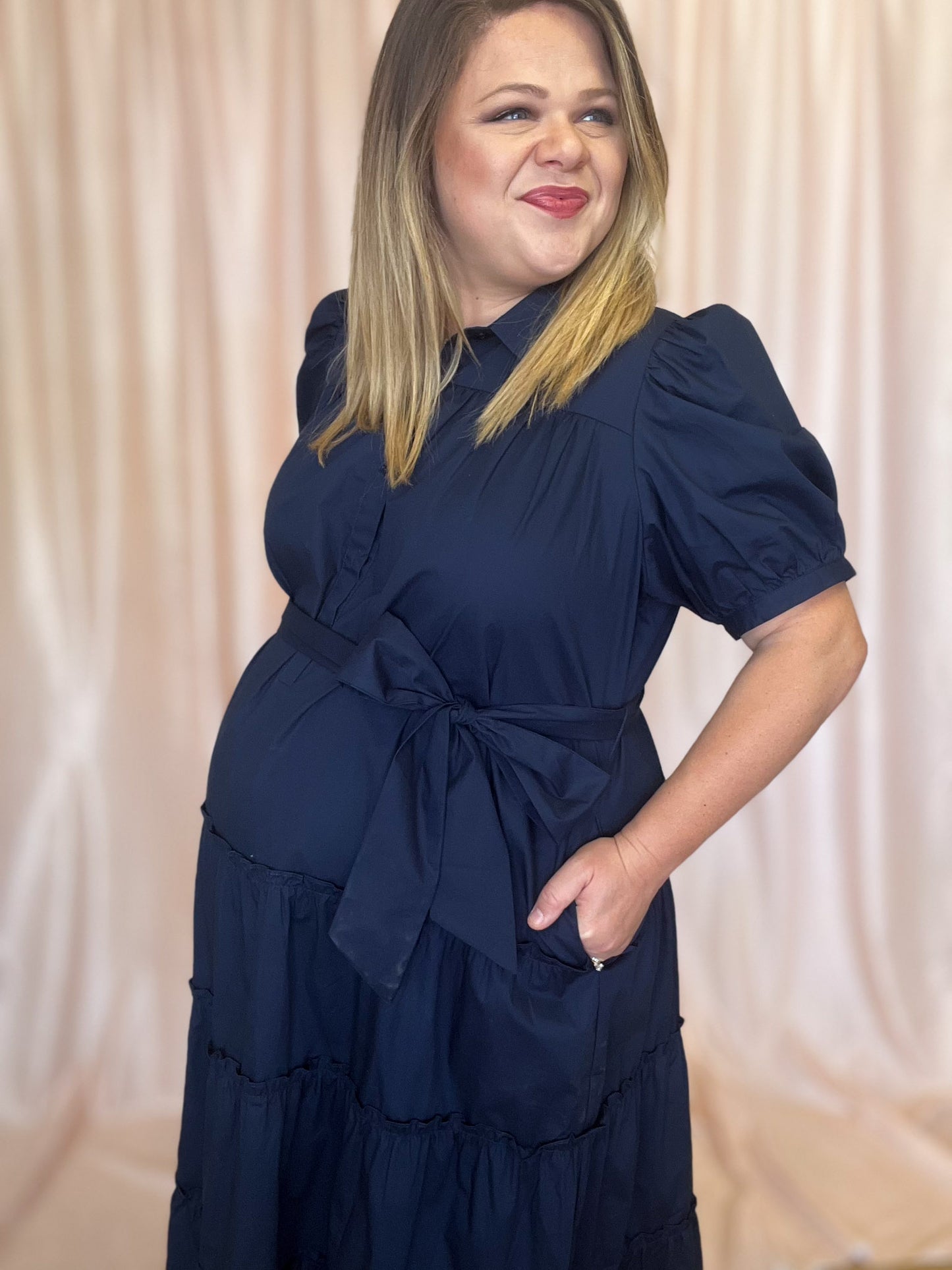 The Maine Event Plus-Size Navy Tiered Midi Dress