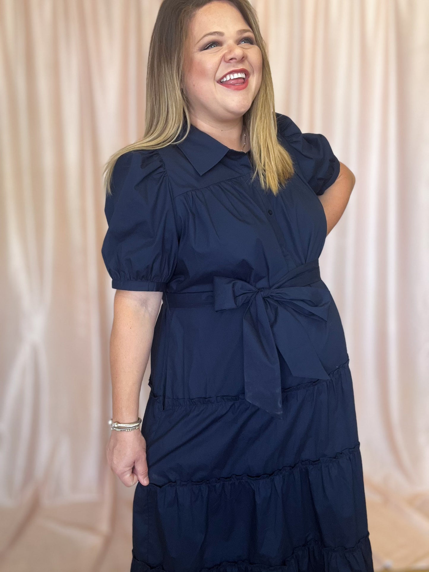 The Maine Event Plus-Size Navy Tiered Midi Dress