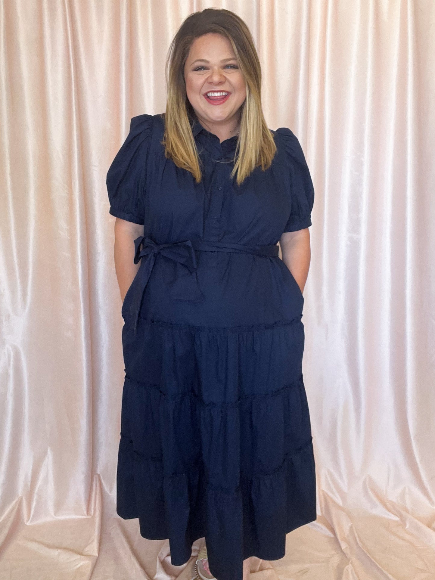 The Maine Event Plus-Size Navy Tiered Midi Dress