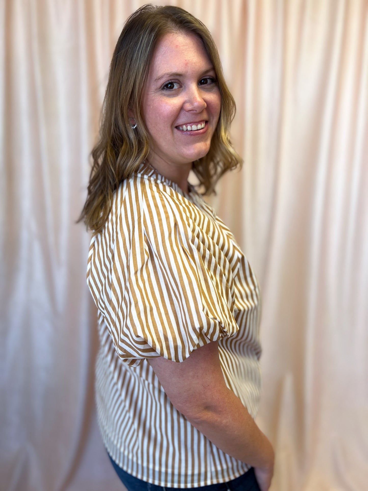 Timeless in Tan Plus-Size Beige Stripe Button Top