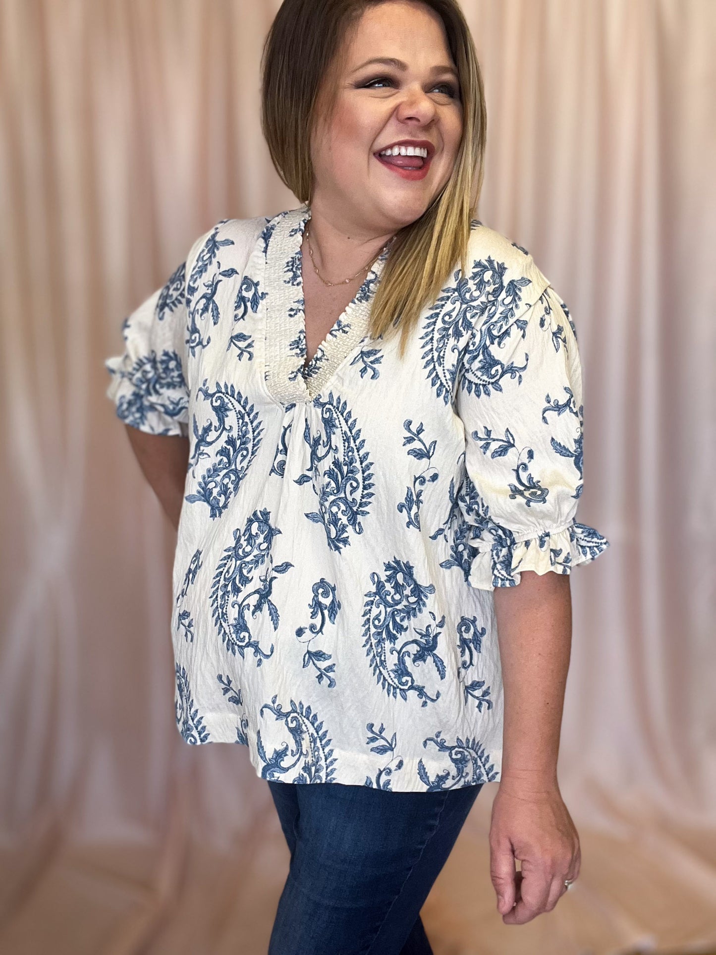 Water's Edge Curvy Dusty Blue Damask Top
