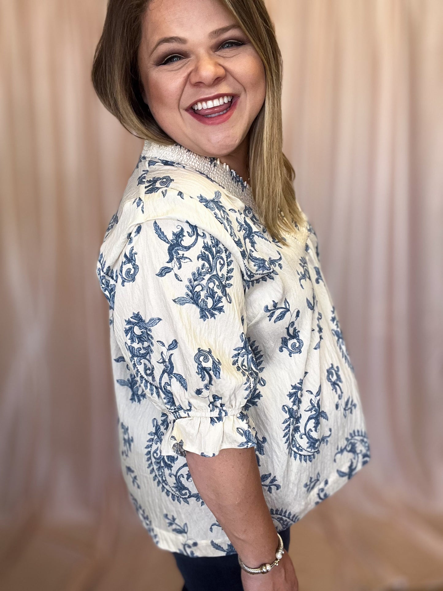 Water's Edge Curvy Dusty Blue Damask Top