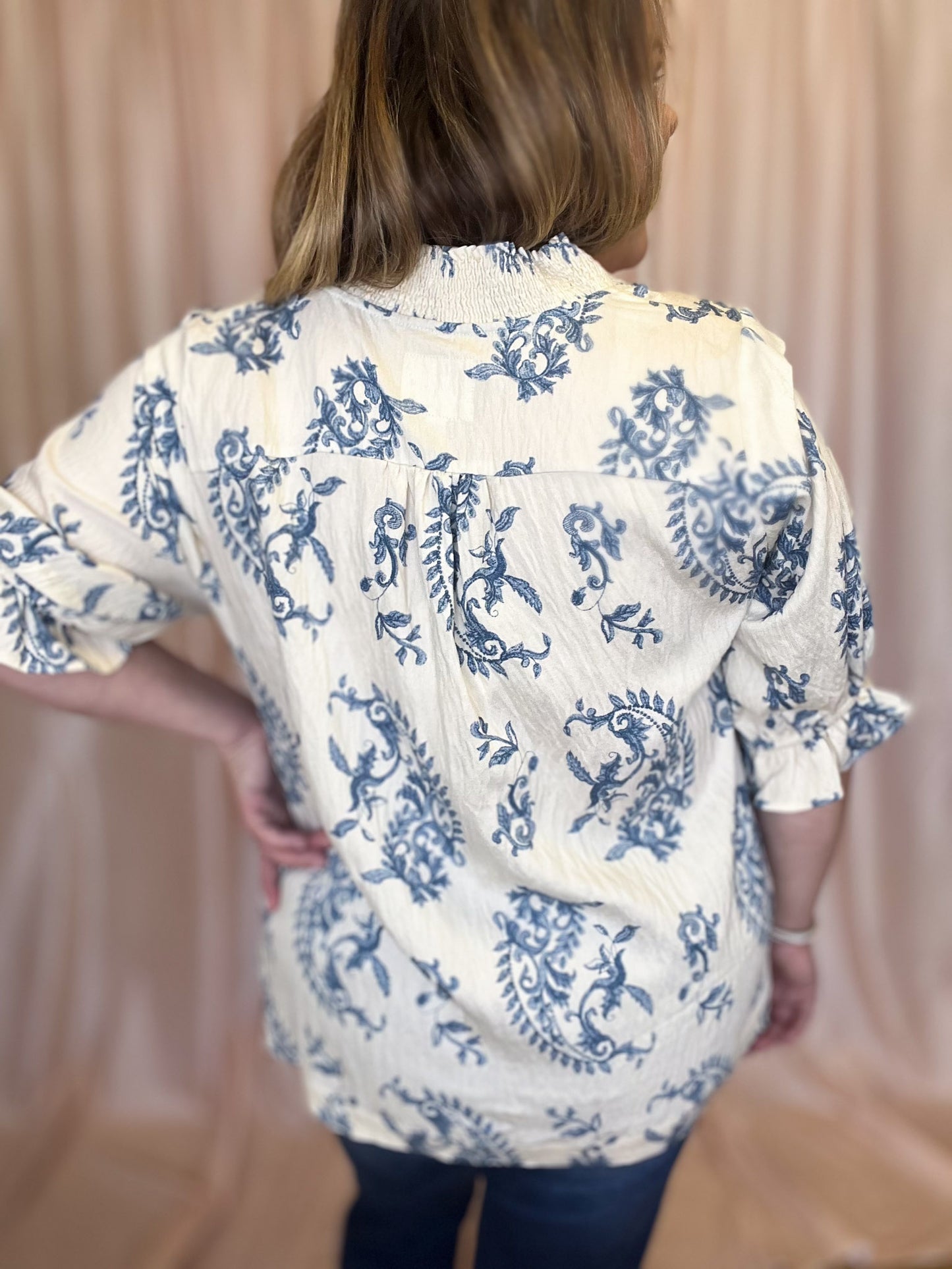 Water's Edge Curvy Dusty Blue Damask Top