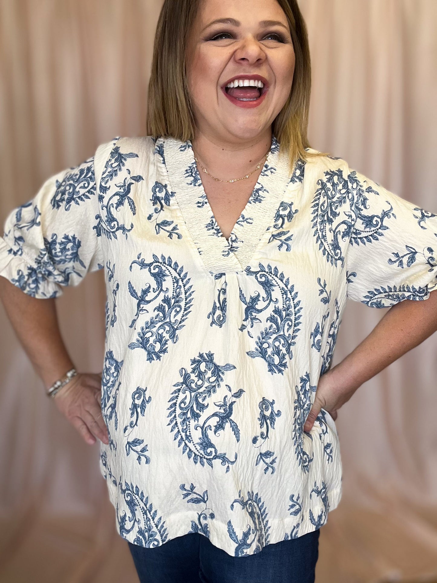 Water's Edge Curvy Dusty Blue Damask Top