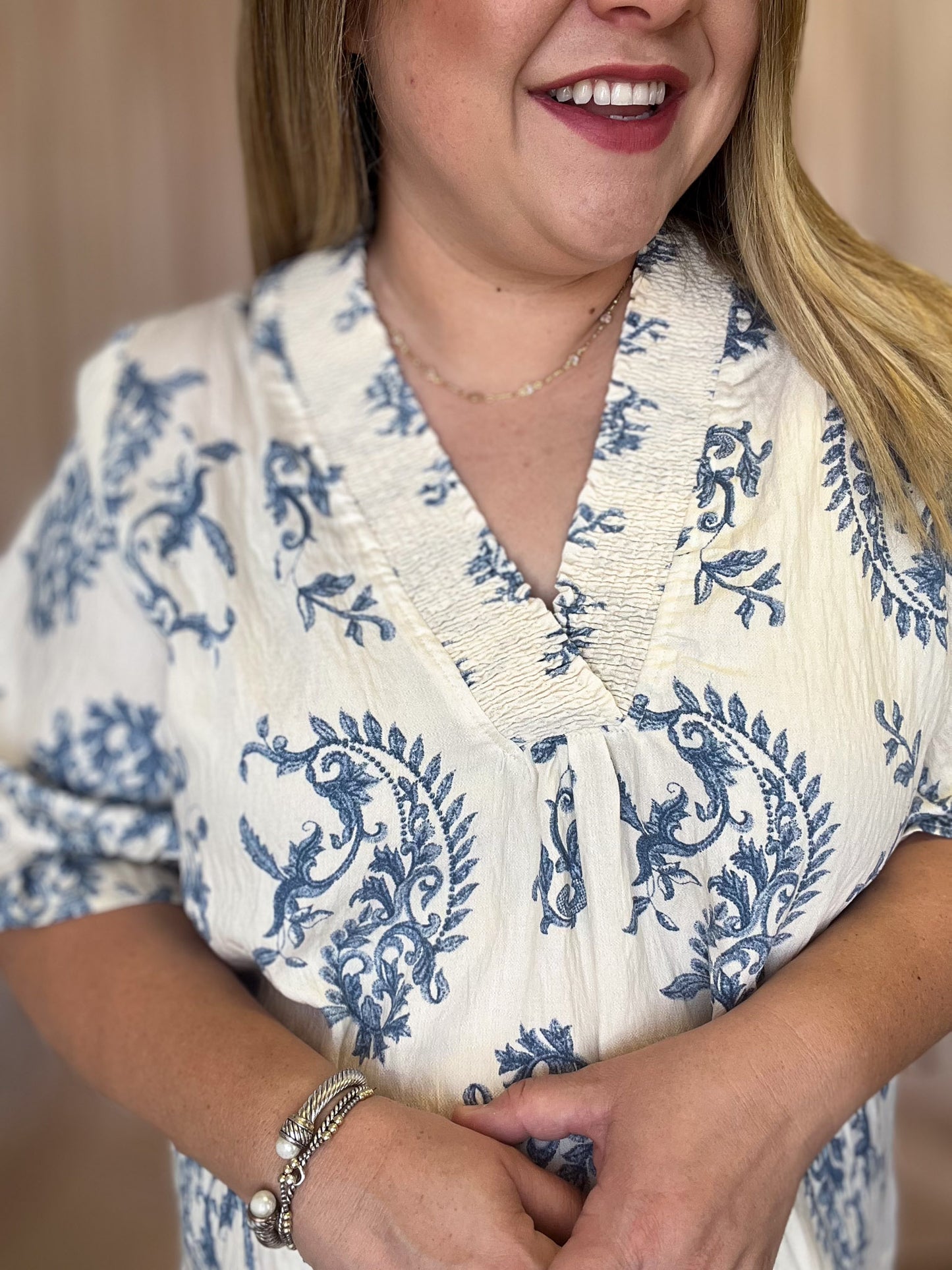 Water's Edge Curvy Dusty Blue Damask Top