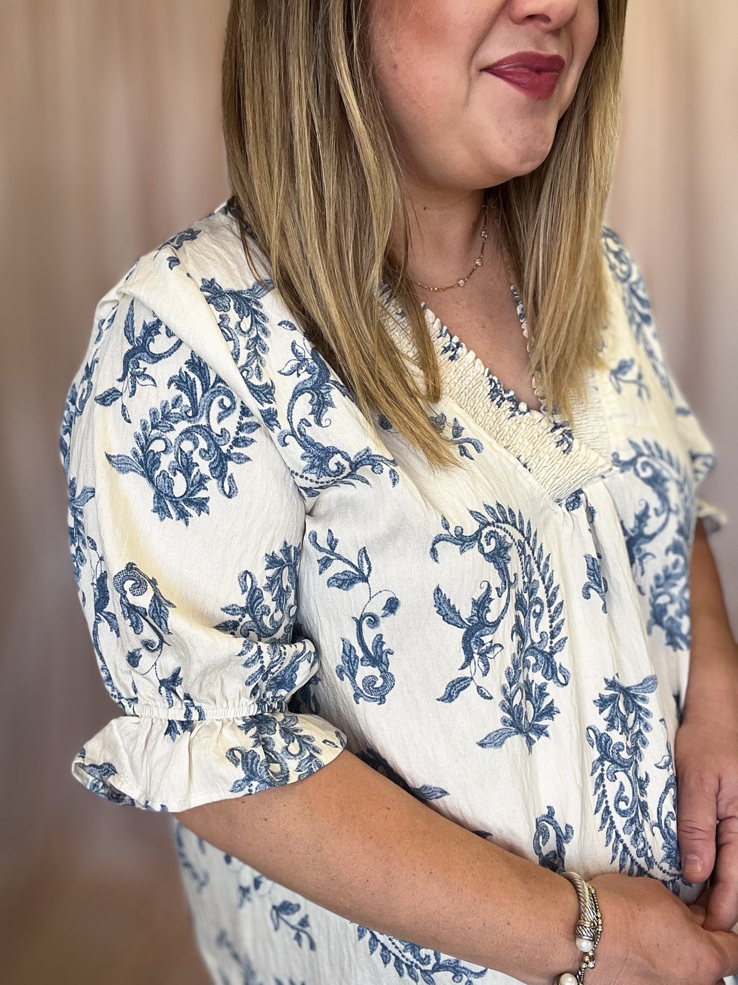 Water's Edge Curvy Dusty Blue Damask Top