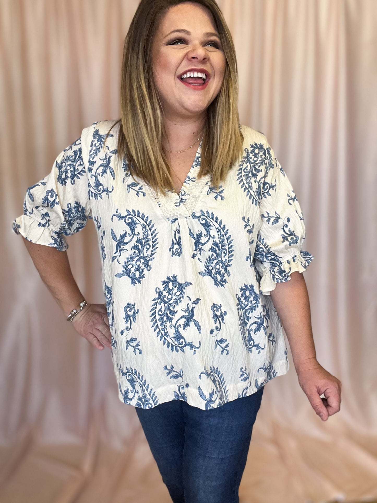 Water's Edge Curvy Dusty Blue Damask Top