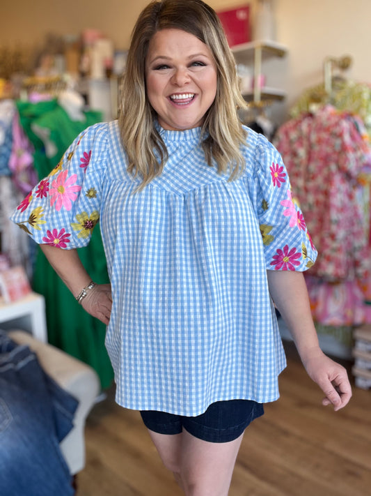 "Life's a Picnic" Plus-Size Gingham Floral Sleeve Top