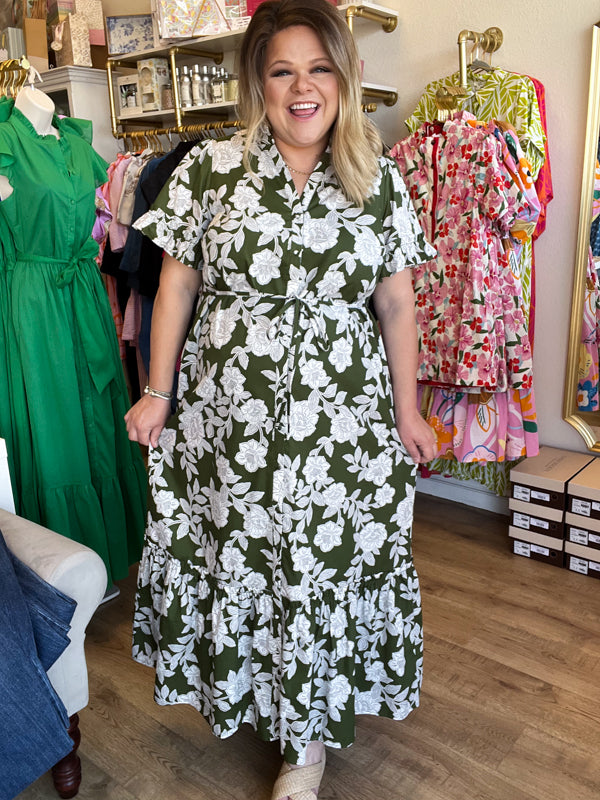 "Morning Glory Glamour" Plus-Size Olive Green Floral Midi Dress