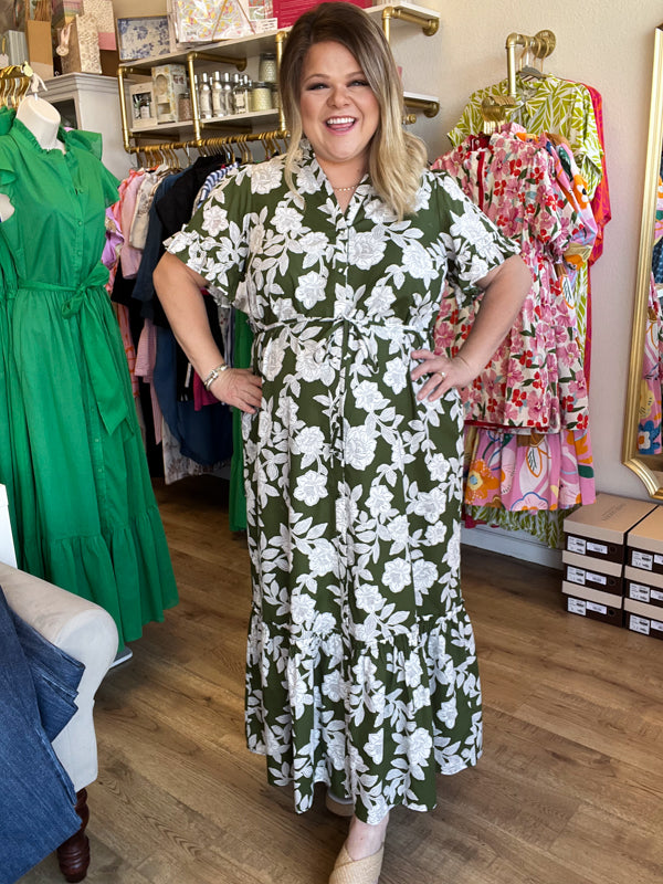 "Morning Glory Glamour" Plus-Size Olive Green Floral Midi Dress