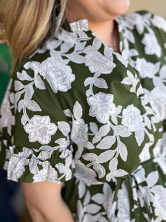 "Morning Glory Glamour" Plus-Size Olive Green Floral Midi Dress