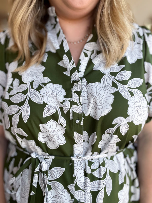 "Morning Glory Glamour" Plus-Size Olive Green Floral Midi Dress