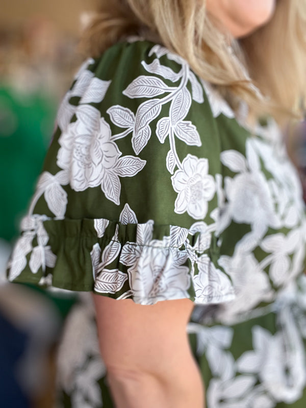 "Morning Glory Glamour" Plus-Size Olive Green Floral Midi Dress