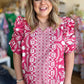 "Flaunty Femininty" Plus-Size Pink & White Ruched Sleeve Floral Top
