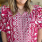 "Flaunty Femininty" Plus-Size Pink & White Ruched Sleeve Floral Top