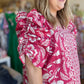 "Flaunty Femininty" Plus-Size Pink & White Ruched Sleeve Floral Top