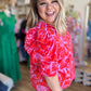 "Unique & Chic" Plus-Size Red & Pink Ruched Sleeve Blouse