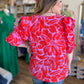 "Unique & Chic" Plus-Size Red & Pink Ruched Sleeve Blouse