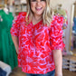 "Unique & Chic" Plus-Size Red & Pink Ruched Sleeve Blouse